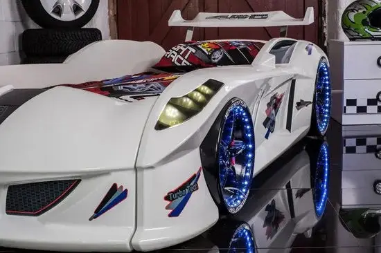 Ліжко машина MUSVENUS Jaguar Speedy boy white MAXI - підсвічування фар, коліс, дна, звук, пульт